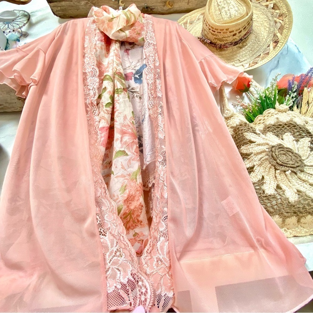 Sheer coral Pink duster/cover up w lace raffled sleeves resort vacay beach vibe